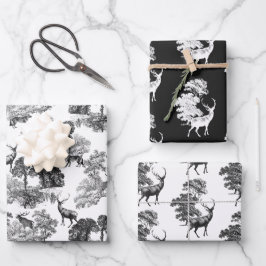 Elegant Black White Toile Deer Bossen Inpakpapier Vel
