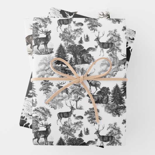 Elegant  Black White Toile Deer in Woodland Inpakpapier Vel (In situ)