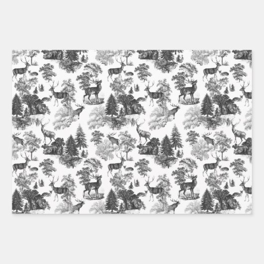 Elegant  Black White Toile Deer in Woodland Inpakpapier Vel (Voorkant)