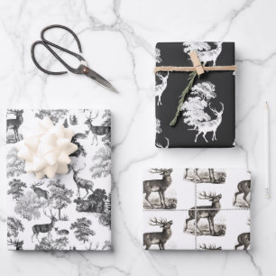 Elegant  Black White Toile Deer in Woodland Inpakpapier Vel