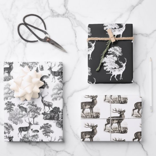 Elegant  Black White Toile Deer in Woodland Inpakpapier Vel (Voorkant)