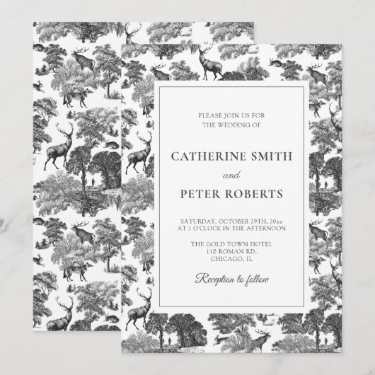 Elegant  Black White Toile Deer Kaart (Voorkant / Achterkant)