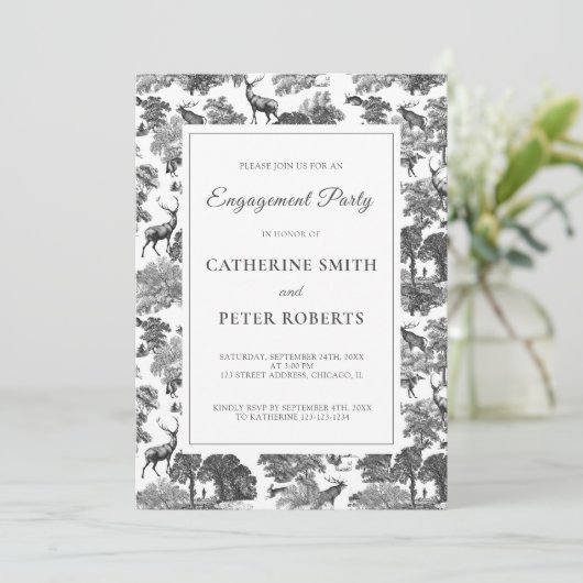 Elegant  Black White Toile Deer Kaart (Staand voorkant)