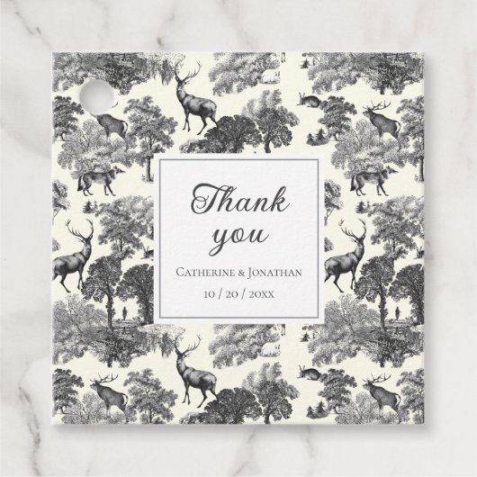 Elegant Black White Toile Deer Pattern Bedankjes Labels (Voorkant)