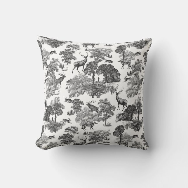 Elegant  Black White Toile Deer Pattern Kussen (Voorkant)