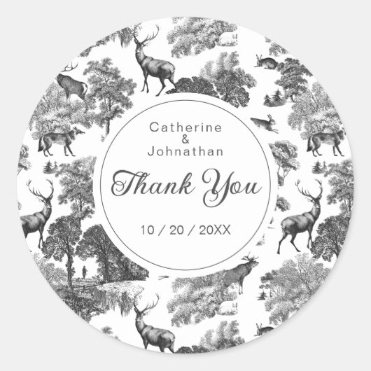 Elegant  Black White Toile Deer Pattern Ronde Sticker (Voorkant)