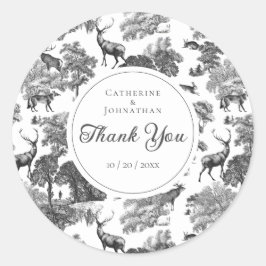 Elegant Black White Toile Deer Pattern Ronde Sticker