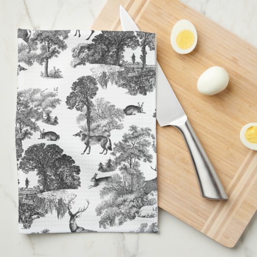 Elegant Black White Toile Deer Pattern Theedoek (Quarter Fold)