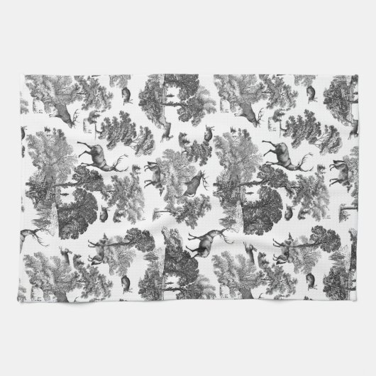 Elegant  Black White Toile Deer Pattern Theedoek (Horizontaal)