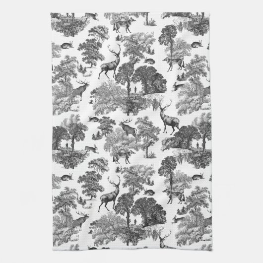 Elegant  Black White Toile Deer Pattern Theedoek (Verticaal)
