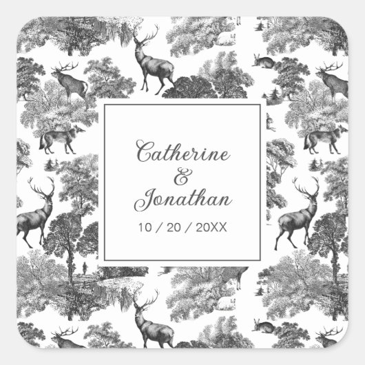 Elegant Black White Toile Deer Pattern Vierkante Sticker (Voorkant)