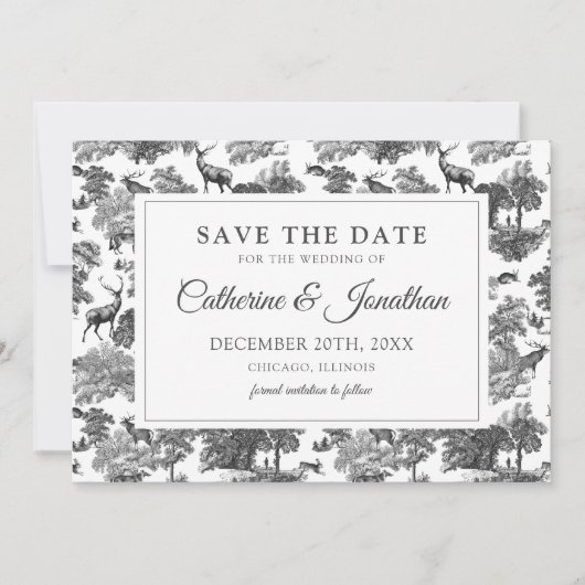Elegant  Black White Toile Deer Save The Date (Voorkant)