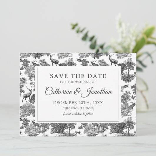 Elegant Black White Toile Deer Save The Date (Staand voorkant)