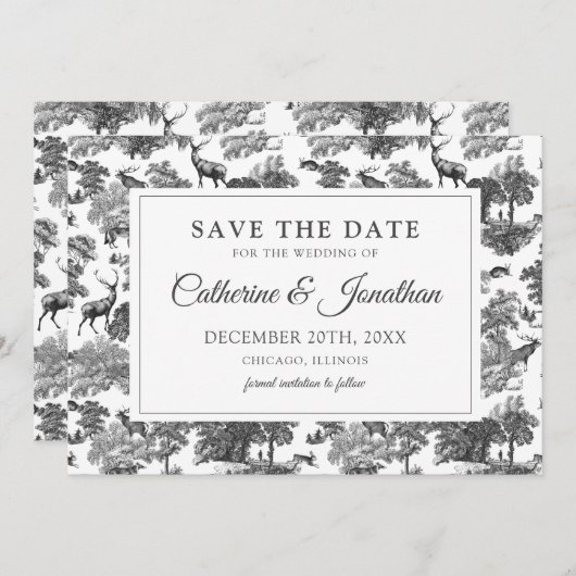 Elegant  Black White Toile Deer Save The Date (Voorkant / Achterkant)