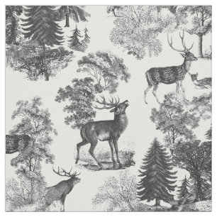 Elegant Black White Toile Deer Woodland Stof