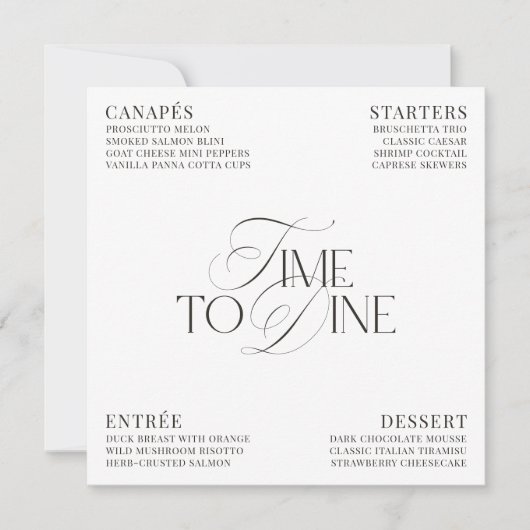 Elegant Black & White Wedding Dinner Menu Card Kaart (Voorkant)