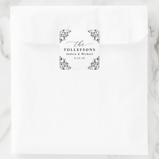 Elegant Black & White Wedding Favor Square Sticker (Tas)