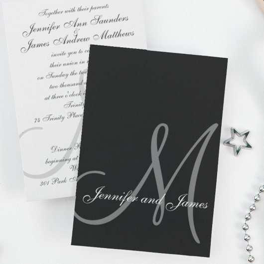Elegant Black White Wedding Invitation Initiaal Kaart
