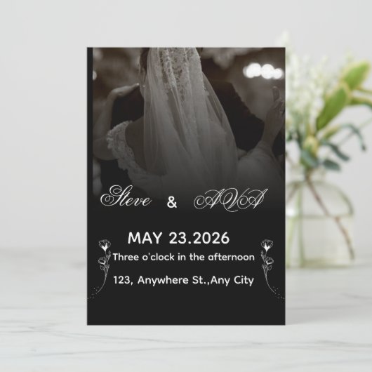 Elegant Black & White Wedding Invitation Kaart (Staand voorkant)