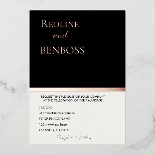 Elegant Black & white Wedding Invitation Rose Gold Folie Uitnodiging (Voorkant)