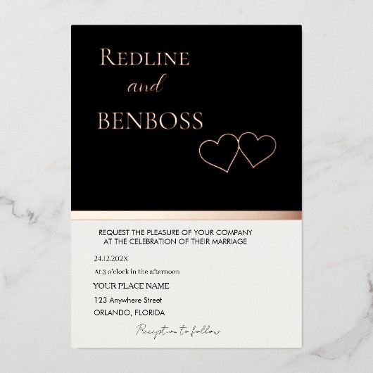 Elegant Black & white Wedding Invitation Rose Gold Folie Uitnodiging (Voorkant)
