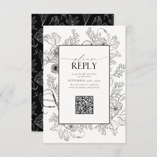 Elegant Black White Wedding QR Code Gelieve te bea RSVP Kaartje (Voorkant / Achterkant)