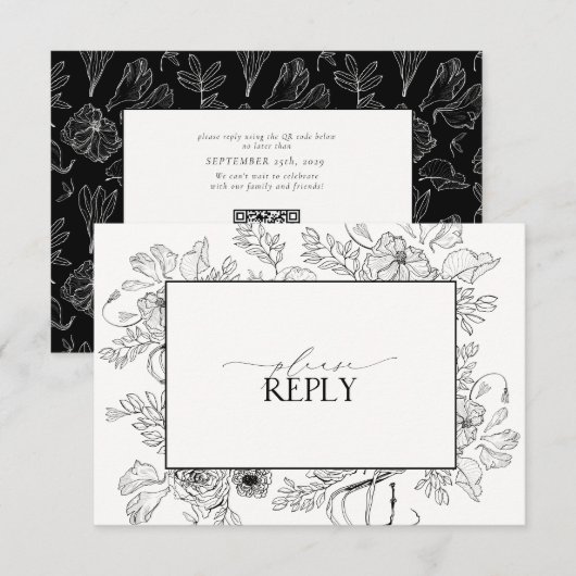 Elegant Black White Wedding QR Code RSVP Kaartje (Voorkant / Achterkant)