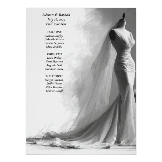 Elegant Black & White Wedding Seating Chart  Perfect Poster (Voorkant)