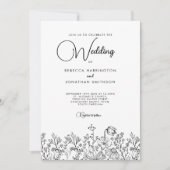 Elegant Black White Wildflowers Photo Wedding Kaart (Voorkant)