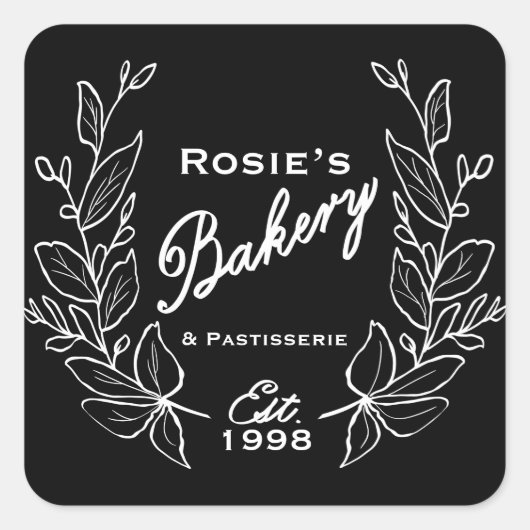 Elegant Black White Wreated Bakery Script Logo Vierkante Sticker (Voorkant)