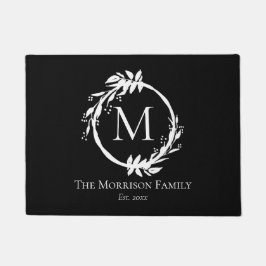 Elegant Black White Wreated Family Name Monogram Deurmat