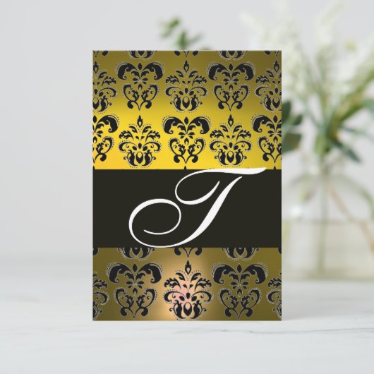 ELEGANT BLACK WHITE YELLOW DAMASK MONOGRAM RSVP (Staand voorkant)