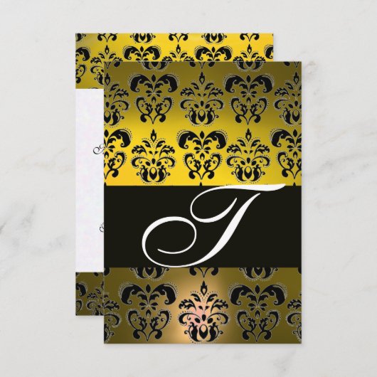 ELEGANT BLACK WHITE YELLOW DAMASK MONOGRAM RSVP (Voorkant / Achterkant)