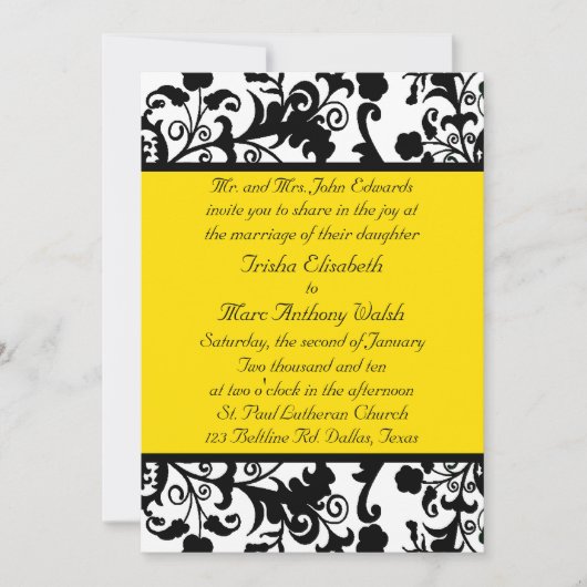 Elegant Black, White, Yellow Wedding Invitation Kaart (Voorkant)