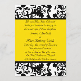 Elegant Black, White, Yellow Wedding Invitation Kaart