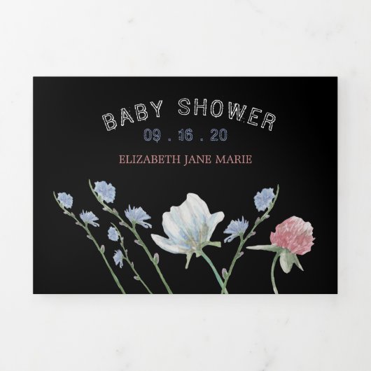 Elegant Black, Wildflower Baby shower Suite Drieluik Uitnodiging (Cover)
