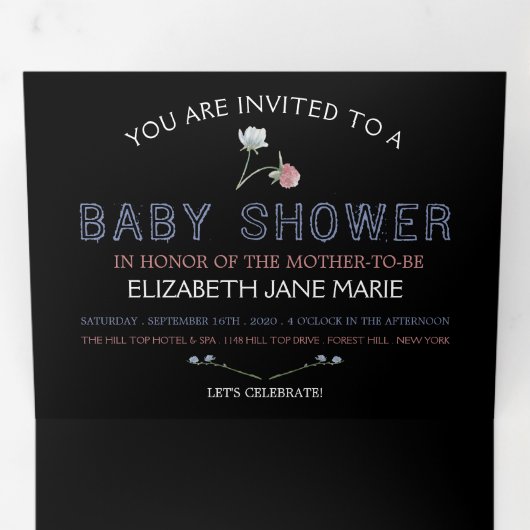 Elegant Black, Wildflower Baby shower Suite Drieluik Uitnodiging (Binnenzijde eerst)