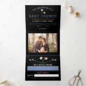 Elegant Black, Wildflower Baby shower Suite Drieluik Uitnodiging (Binnen)