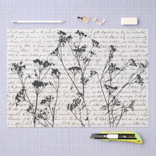 Elegant Black Wildflower Silhouettes Old Script Tissuepapier (Craft)