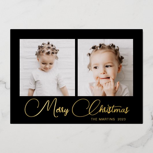 Elegant Black Winter Deer Pattern Two Photo Folie Feestdagenkaart (Voorkant)