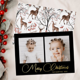 Elegant Black Winter Deer Pattern Two Photo Folie Folie Feestdagenkaart