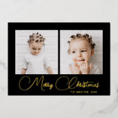 Elegant Black Winter Deer Pattern Two Photo Folie Folie Feestdagenkaart (Voorkant)