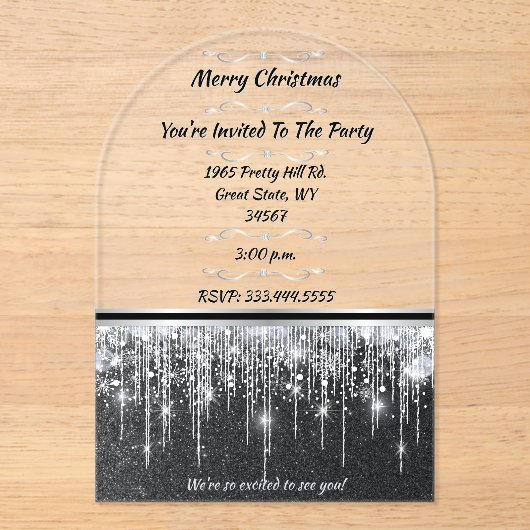 Elegant Black with Silver Accents Christmas Party Acryl Uitnodigingen (Voorkant)
