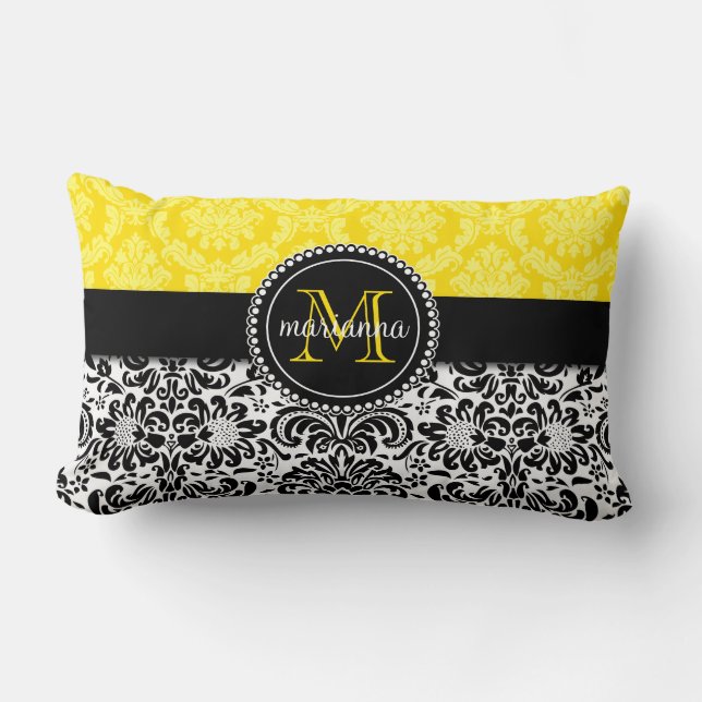 Elegant Black Yellow Damask gepersonaliseerd Kussen (Voorkant)