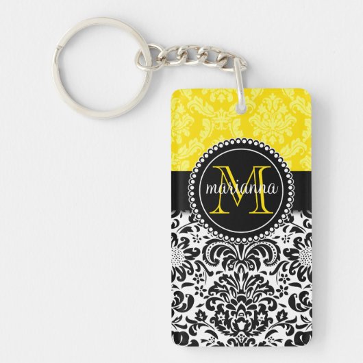 Elegant Black Yellow Damask gepersonaliseerd Sleutelhanger (Voorkant)