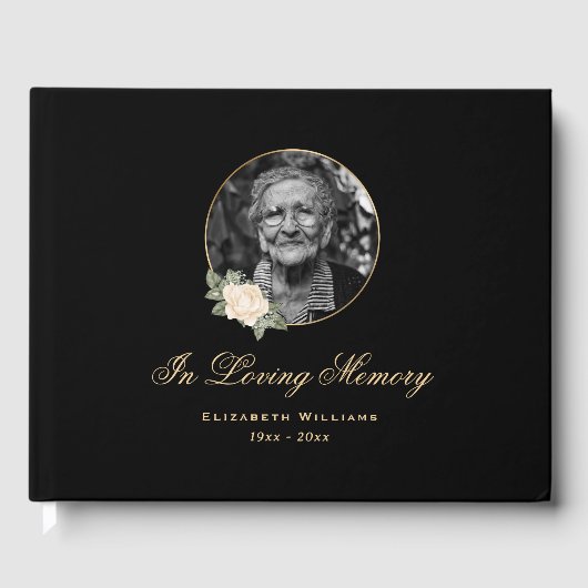 Elegant Black Yellow Rose Floral Funeral Foto Gastenboek (Voorkant)
