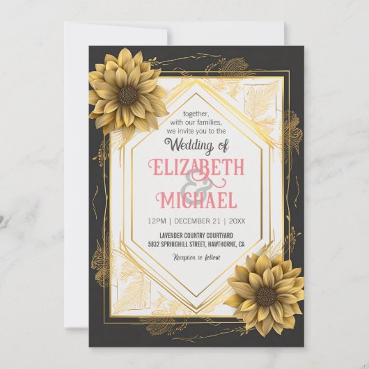 Elegant Black Yellow Weddenschap Sunflower Gold Li Kaart (Voorkant)