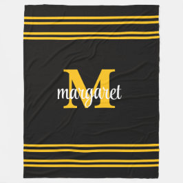 Elegant black &yellow white monogram name fleece deken