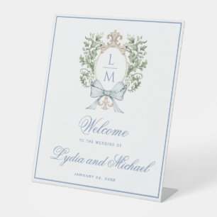 Elegant blad kam monogram welkom reclamebord met voetstuk