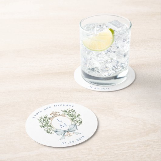 Elegant blad kam w / boog | Monogram bruiloft Ronde Kartonnen Onderzetter (Insitu)